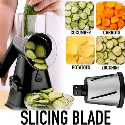 3-in-1 Rotary Cheese Grater & Vegetable Slicer Vegetable slicer with sliced vegetables and additional slices displayed on a white background