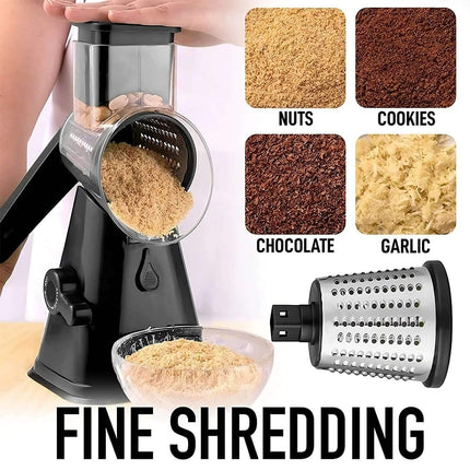 3-in-1 Rotary Cheese Grater & Vegetable Slicer Grater with different food options shown on a white background