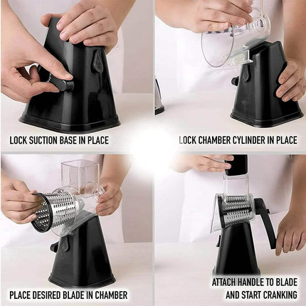 3-in-1 Rotary Cheese Grater & Vegetable Slicer Step-by-step assembly of a black kitchen tool with text instructions on a white background