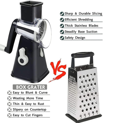 3-in-1 Rotary Cheese Grater & Vegetable Slicer Comparison between a manual box grater and a manual rotary cheese grater with features listed.