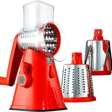 3-in-1 Rotary Cheese Grater & Vegetable Slicer Red manual grater with three interchangeable metal grating drums on a white background