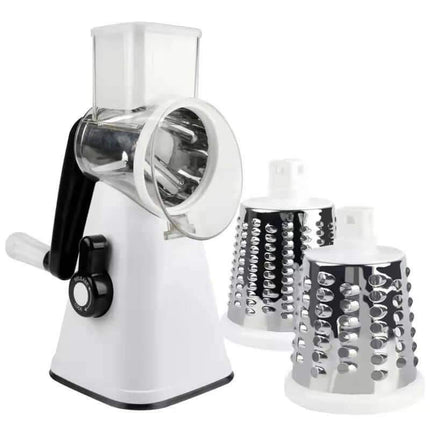 3-in-1 Rotary Cheese Grater & Vegetable Slicer White manual rotary cheese grater with three interchangeable metal grating drums on a white background