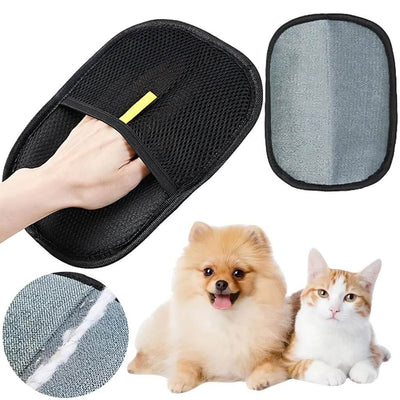 electrostatic pet hair removal glove Black grooming mitt, pet cleaning tool, with a hand using it, two pets (dog and cat) for scale, and close-up of the material.