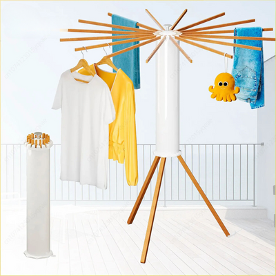 Foldable Octopus-Style Clothes Drying Rack with clothes and a toy on a white background