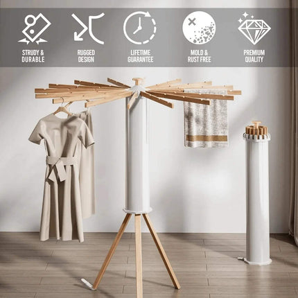 Foldable Octopus-Style Clothes Drying Rack with clothes on a white background, featuring durability and quality icons.