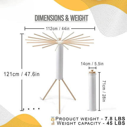 Foldable Octopus-Style Clothes Drying Rack with dimensions and weight details.
