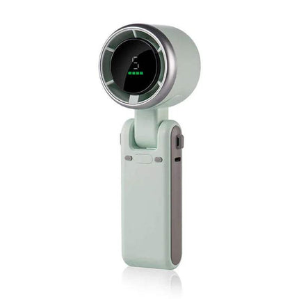 Handheld Turbo Fan. Portable device with a circular screen and handle on a white background