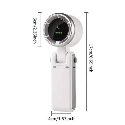 Handheld Turbo Fan. White electronic device with dimensions labeled on a white background