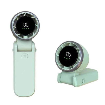 Handheld Turbo Fan. Two mint green electronic devices with digital displays on a white background