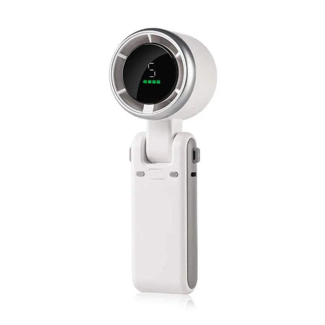 Handheld Turbo Fan. White electronic device with a digital display on a white background