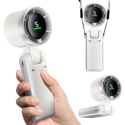 Handheld Turbo Fan. White Handheld Turbo Fan device with digital display held in a hand, with additional angles shown on a white background.