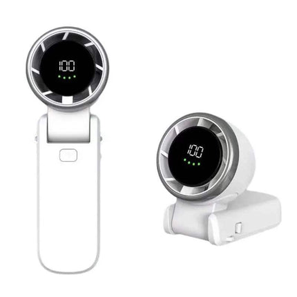 Handheld Turbo Fan. Two white electronic devices with digital displays on a white background