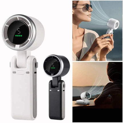 Handheld Turbo Fan. Two handheld Handheld Turbo Fan with digital displays, one white and one black, on a white background.