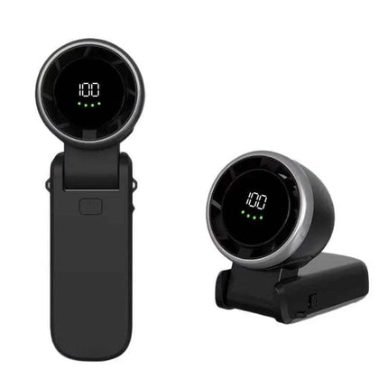 Handheld Turbo Fan. Two black electronic devices with digital displays on a white background