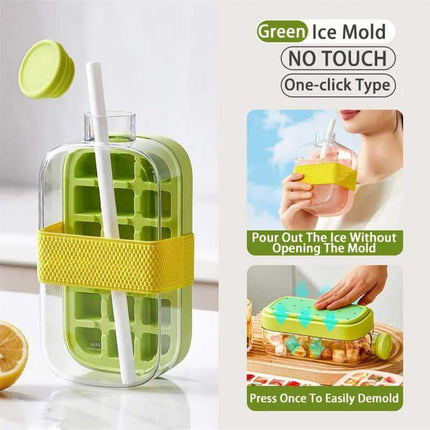 Ice Cube Tray With Straw for mess-free ice making, featuring a no-touch design and one-click type for easy use.