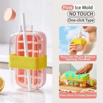 Ice Cube Tray With Straw featuring a pink ice mold and no-touch design for easy ice dispensing.
