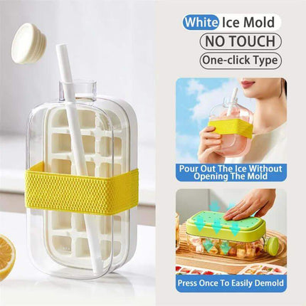 Ice Cube Tray With Straw showing a no-touch, one-click design for easy ice dispensing and mess-free ice making.
