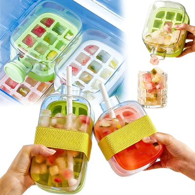 Ice cube trays with colorful ice cubes and a container filled with fruit and ice.