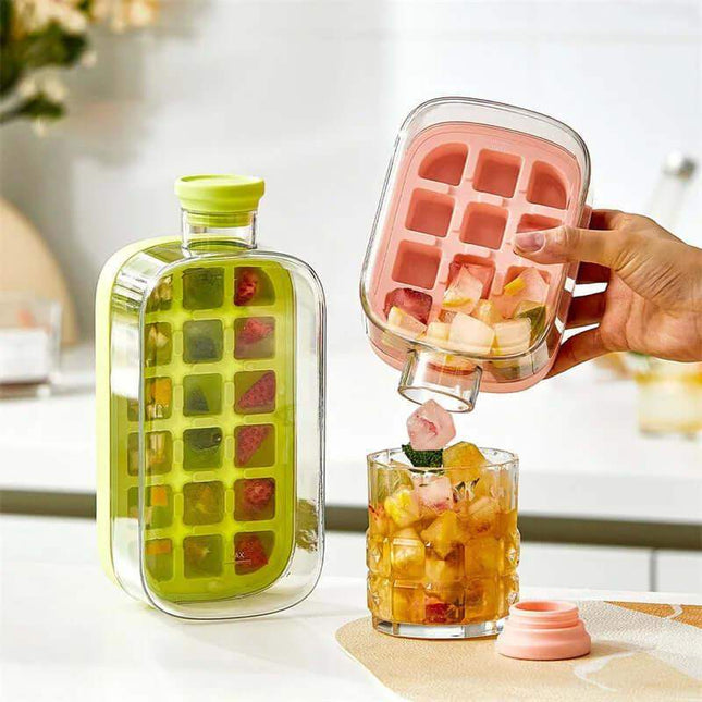 Ice Cube Tray With Straw making ice with fruits in a stylish container for mess-free ice making.
