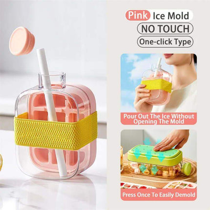 Ice Cube Tray With Straw featuring a pink, no-touch design for easy ice making and removal.