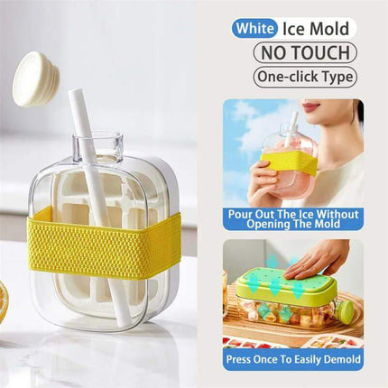 Ice Cube Tray With Straw featuring a no-touch, one-click design for easy ice removal and mess-free ice making.