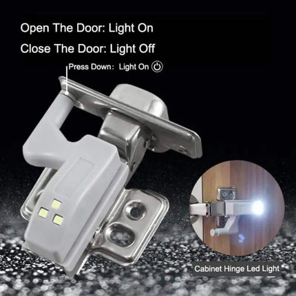 LED Cabinet Hinge Lights with instructions on how to control the light, shown on a dark background.