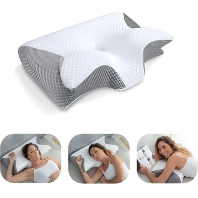 Memory Foam Cervical Pillow Ergonomic pillow with gray and white design, shown with users on a white background