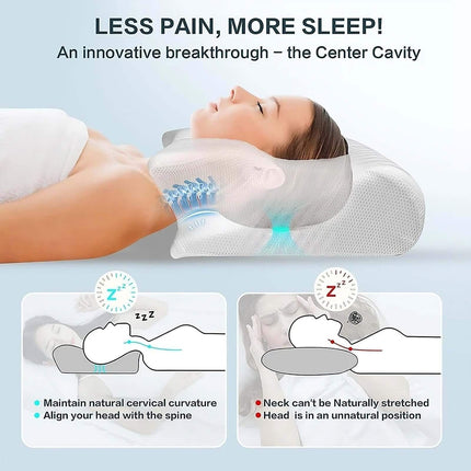 Memory Foam Cervical Pillow Person lying on a neck pillow with text 'Less Pain, More Sleep!' and illustrations of its benefits.