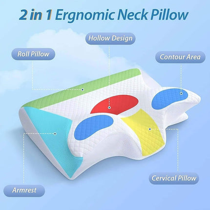 Memory Foam Cervical Pillow 2-in-1 Ergonomic Neck Pillow with labeled parts on a blue background
