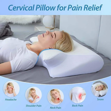 Memory Foam Cervical Pillow Woman lying on a cervical pillow for pain relief with images of different pains below.