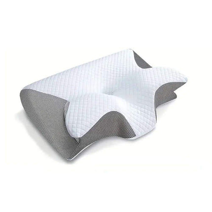 Memory Foam Cervical Pillow Ergonomic pillow with quilted white surface and gray mesh sides on a white background