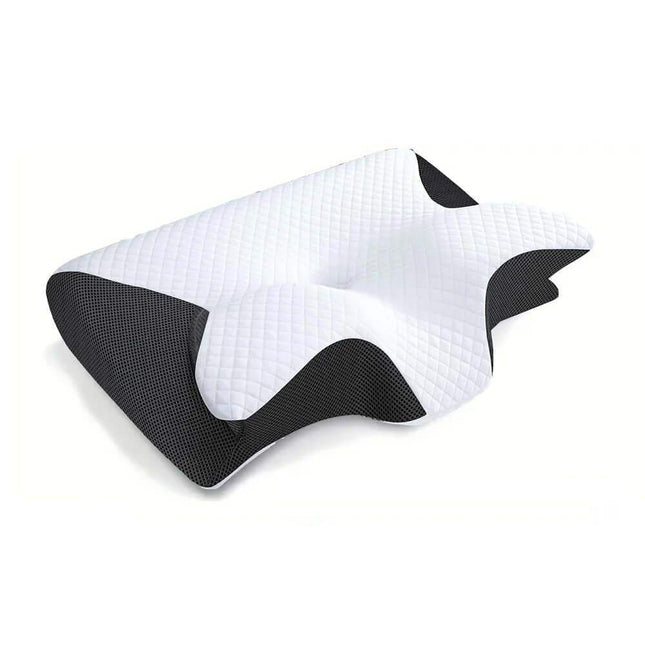 Memory Foam Cervical Pillow White and black pillow on a white background