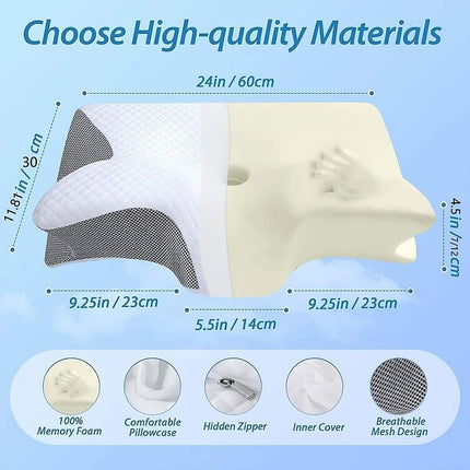 Memory Foam Cervical Pillow Measurement chart of a pillow with dimensions and material features on a blue background