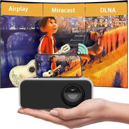 Mini LED Wireless Projector YT300 with screen displaying an animated scene, featuring Airplay, Miracast, and DLNA text.