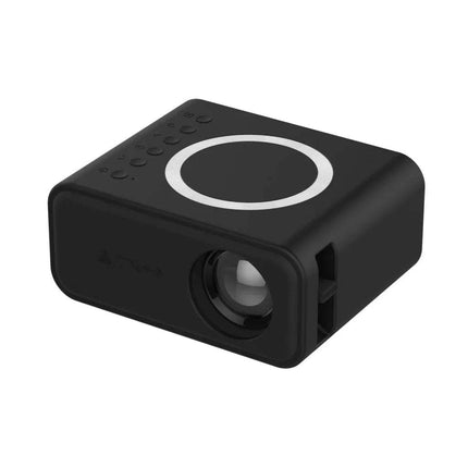 Mini LED Wireless Projector YT300 black with a circular design on a white background