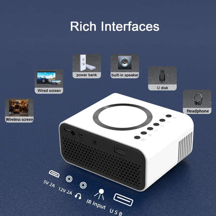 Mini LED Wireless Projector YT300 white with connectivity options on a blue background