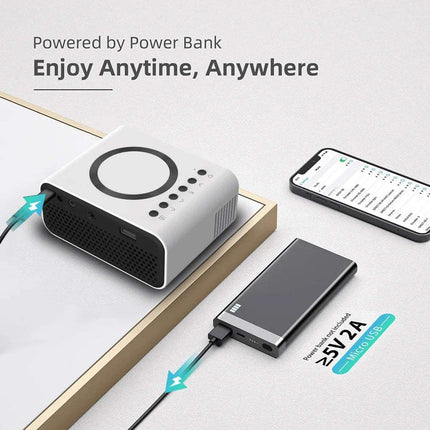 Mini LED Wireless Projector YT300 connected to a device with text 'Powered by Power Bank Enjoy Anytime, Anywhere' on a light gray background.