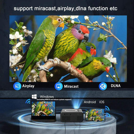 Mini LED Wireless Projector YT300 with parrot imagery and connectivity options on a dark background