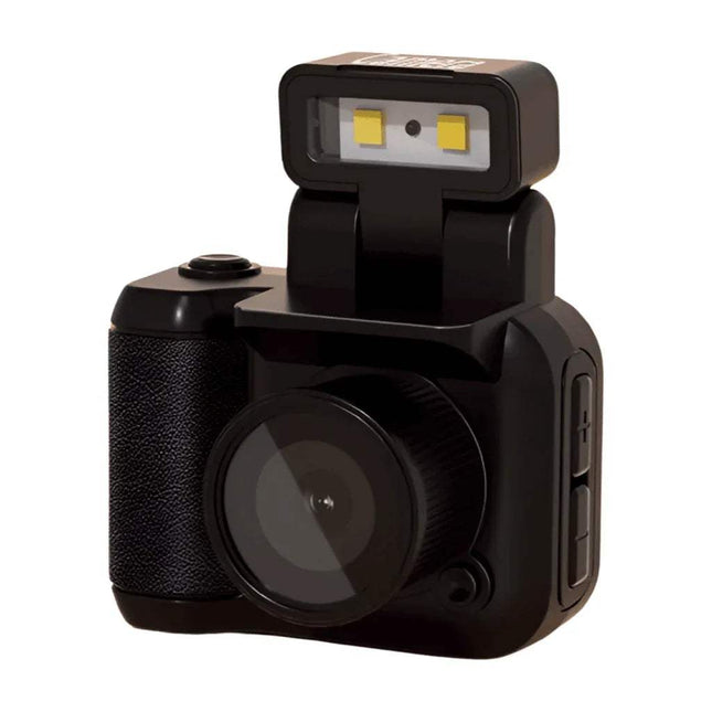 Mini Monoreflex Style Camera with a flash attachment on a white background