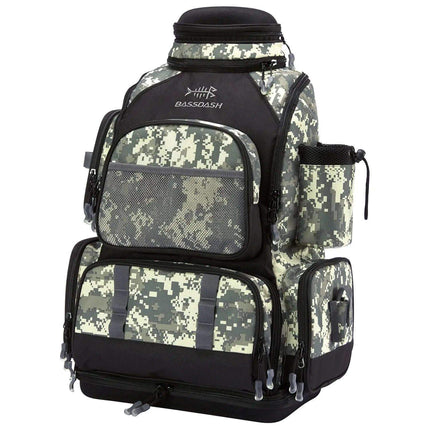 Multifunctional Fishing Tackle Backpack Camouflage backpack with black accents on a white background