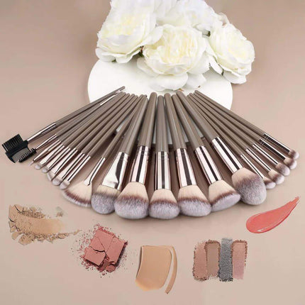 Professional Makeup Brush Set displayed with various makeup products showcasing flawless application tools.