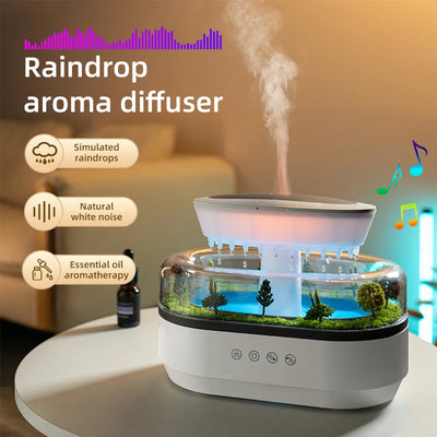 Rain Cloud Aroma Diffuser with simulated raindrops, natural white noise, and essential oil aromatherapy on a blurred background.