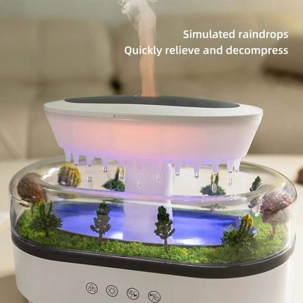 Rain Cloud Aroma Diffuser with simulated raindrop feature and indoor garden display.