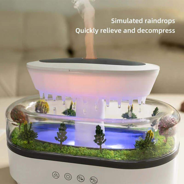 Rain Cloud Aroma Diffuser with simulated raindrop feature and indoor garden display.