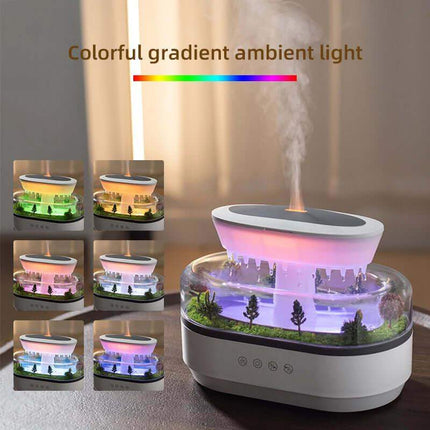 Rain Cloud Aroma Diffuser with colorful gradient light display on a reflective surface.