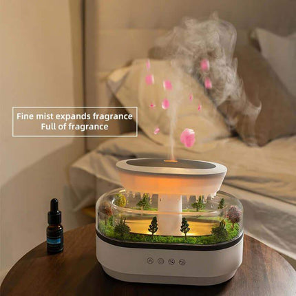 Rain Cloud Aroma Diffuser with decorative elements on a table next to a bottle, with text indicating its features.