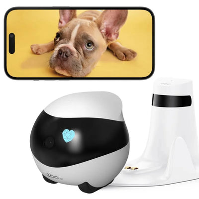 White and black device with a heart symbol on a white background, featuring a phone displaying a dog image above it.