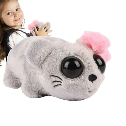 Sad Hamster Plush Toy with large eyes and a pink bow on a white background