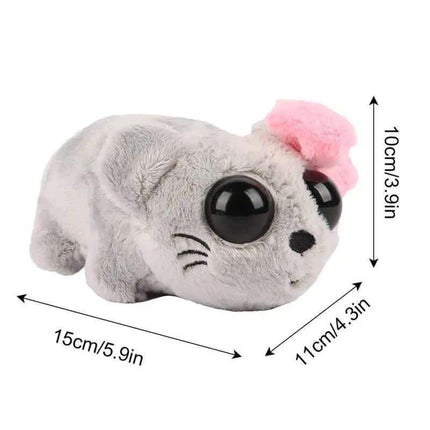 Sad Hamster Plush Toy with a pink bow and measurements on a white background