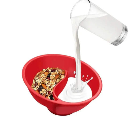 Separated Cereal Bowl with cereal on one side and milk being poured on the other for crispy breakfasts.